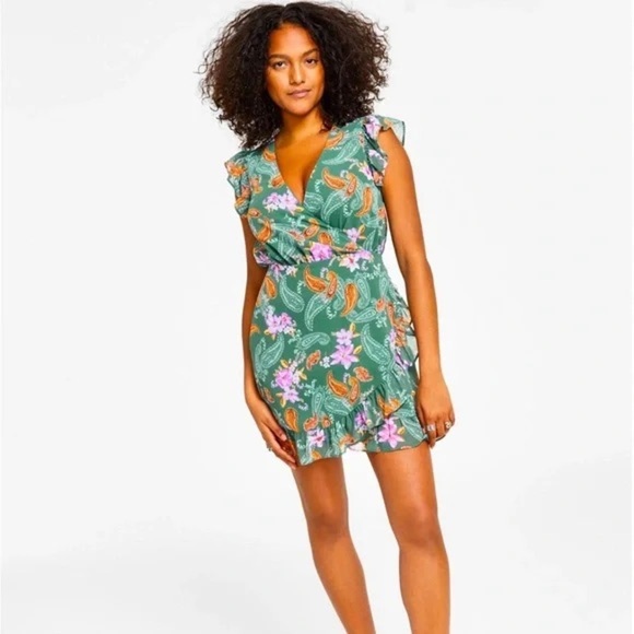 NWT Bar III Teal Paisley Floral Ruffle Blouse - Picture 1 of 8